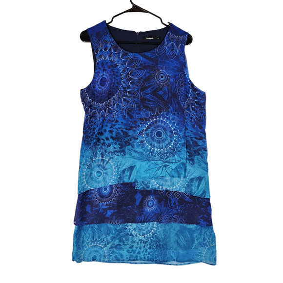 Desigual Mini Shift Dress 40 US 8 M Women Blue BOHO Chiffon Layered Flowy - Picture 1 of 13